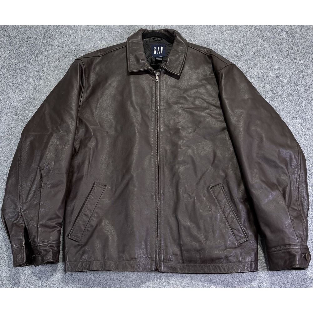 Vintage Y2K Gap Brown Leather Jacket Boxy Quilt Lined Back Buckles Men's Large